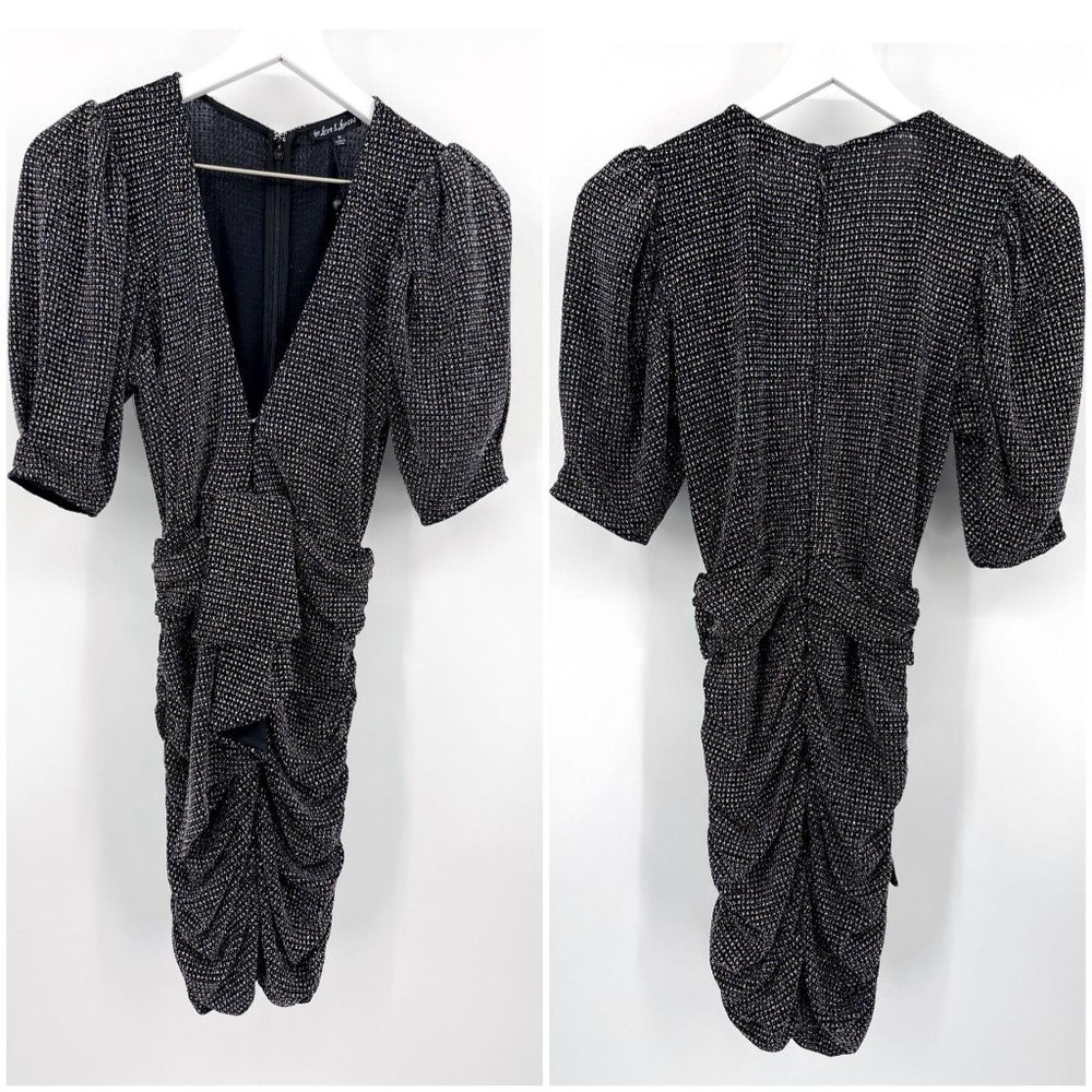 For Love & Lemons Black Margaux Glitter Deep V Ruched Mini Dress Womens M NWT - Picture 12 of 12
